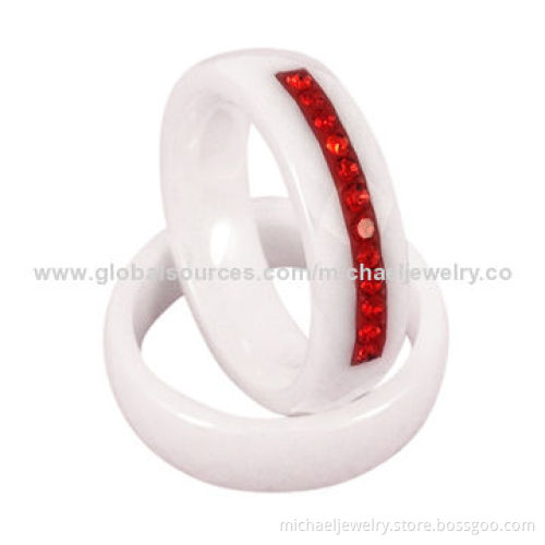 Ceramic rings, made of white ceramic, red PP stone, fashion jewelry